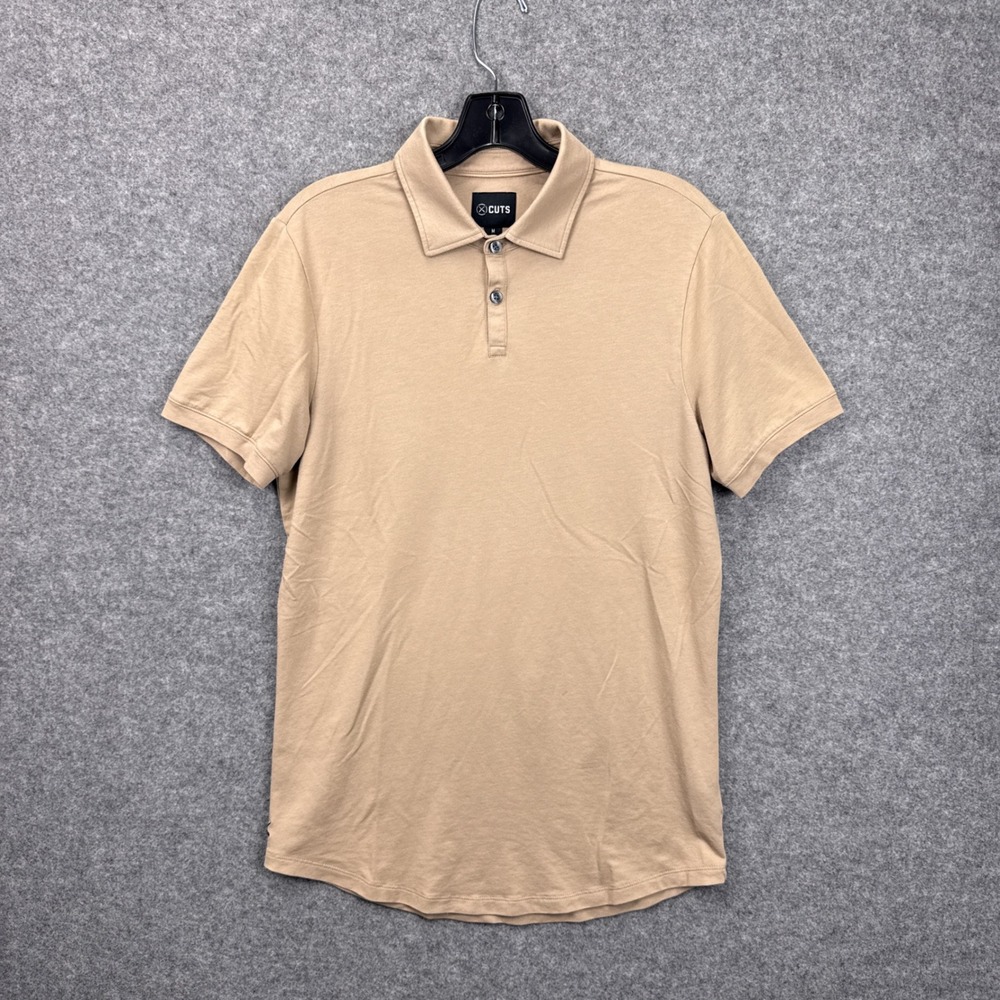 Cuts AO Curve Hem Polo Mens Medium Tan Khaki Pima Cotton Stretch Short Sleeve